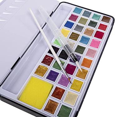 Imagem de Conjunto de tintas para aquarela metálica | 36 cores vibrantes com glitter de qualidade artística com lata de armazenamento e pincel de água | Suprimentos de arte premium para pintura, caligrafia, hobbistas, profissionais, estudantes, crianças | 36 cores metálicas