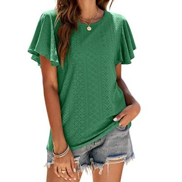 Imagem de Camiseta feminina manga oca babados casual top verão manga curta ajuste solto blusa tops manga redonda doce camisa, verde, G