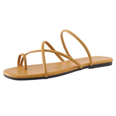 Imagem de Sandálias femininas planas modernas primavera e verão chinelos femininos conjunto de tiras leves dedo do pé cor sólida respirável sapatos de praia (amarelo, 37)