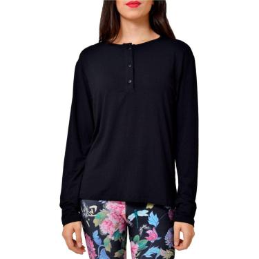 Imagem de Blusa Básica Manga Longa Feminina Preta Detalhe Botão G