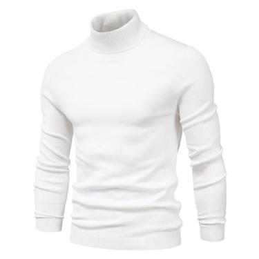 Imagem de Suéter masculino de inverno gola rolê casual cor sólida quente pulôver básico manga longa suéter, Bege, P