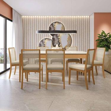 Imagem de conjunto de mesa de jantar retangular com tampo de vidro off white e 8 cadeiras premium veludo bege e carvalho