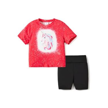 Imagem de PATPAT Conjunto de 2 peças de roupas para crianças meninas camiseta de manga curta top e estampa estampa ciclista shorts roupas de verão, Unicórnio vermelho, 4-5 Anos