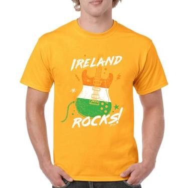 Imagem de Camiseta masculina Ireland Rocks Guitar Flag St Patrick's Day Shamrock Groove Vibe Pub Celtic Rock and Roll Clove, Amarelo, P