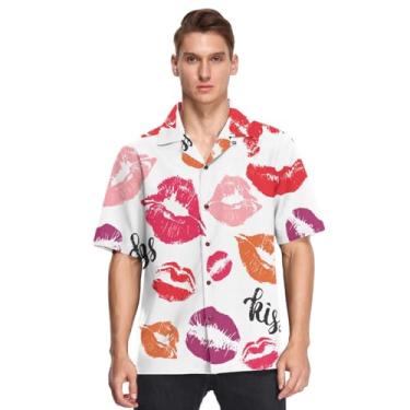 Imagem de Camisa masculina havaiana de manga curta abotoada moda dia dos namorados beijos lábios rosa casual camisa de vestir para hombre, Valentines Fashion Kisses Lips Pink, GG