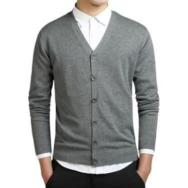 Imagem de Suéter de algodão masculino manga longa cardigã masculino gola V suéter solto sólido botão ajuste tricô estilo casual, Cinza escuro, Small