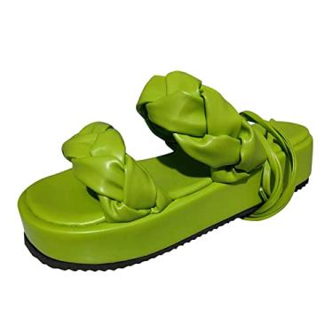 Imagem de CsgrFagr Sandálias femininas fashion verão cor sólida couro tecido de couro com tira no tornozelo sola grossa Fuzzy P sandálias femininas, Verde, 8.5 X-Narrow