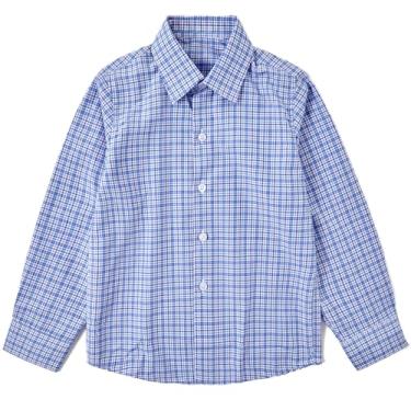 Imagem de KEYWANTS Camisa social de manga comprida para meninos, meninos e crianças, camisa de uniforme de botão, tamanho 2-20, Xadrez pequeno azul/branco, 16