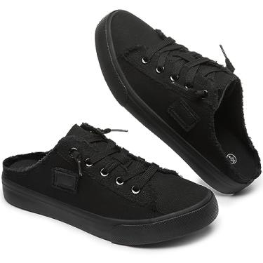 Imagem de BENPAO Mules femininos de lona branco slip on moda tênis preto mocassins confortáveis sapatos casuais para mulheres, Preto completo, 8.5