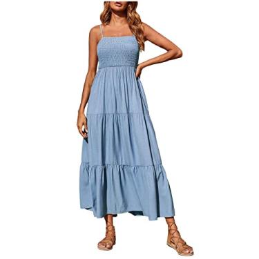 Imagem de Vestidos sem mangas sem alças para mulheres de linho maxi longo praia havaiano franzido vestidos de sol feminino, A-964 Azul royal, 5G