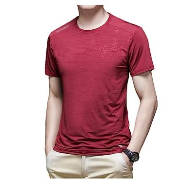 Imagem de Camiseta masculina atlética de manga curta com estampa de algodão, respirável, macia, elástica, para treino, Vermelho, XXG