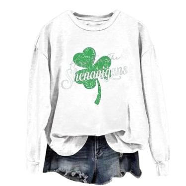Imagem de Camiseta feminina de manga comprida do Dia de São Patrício verde Shamrock Lucky 2024 Tops de gola redonda, Branco, GG