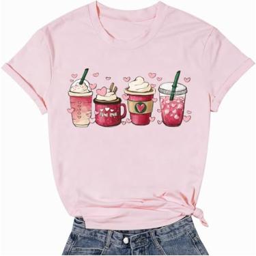 Imagem de SUEOSU Camiseta feminina retrô Love Valentines Day Be Mine Cute Coffee Latte Valentine Aquarela Pink Hearts Graphic Tee., Rosa - 1, G