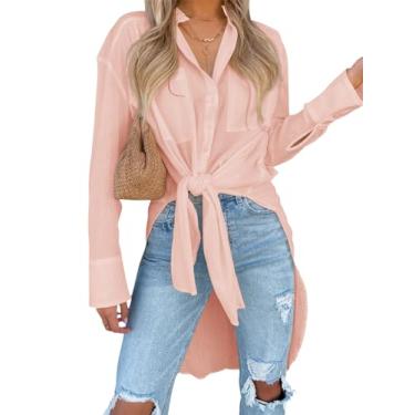 Imagem de Imily Bela Camisa social feminina casual de manga comprida com nó frontal de algodão com bolsos, rosa, P