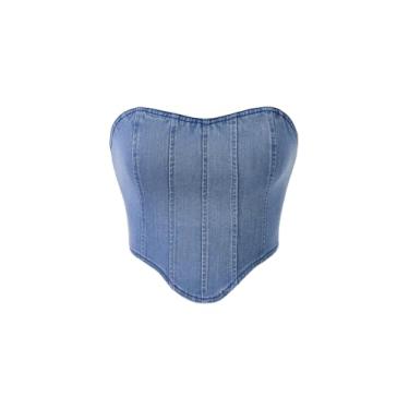 Imagem de Floerns Bandana feminina sem mangas bainha assimétrica zíper nas costas jeans cropped top tubinho, Lavagem leve, X-Small