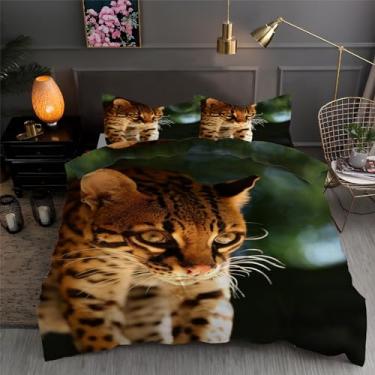 Imagem de Jogo de cama de capa de edredom solteiro gato leopardo animais 3 peças texturizadas de microfibra macia 172,7 cm x 228,6 cm e 2 fronhas, com fecho de zíper e laços