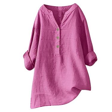 Imagem de Lainuyoah Camisa feminina de algodão e linho, de botão, casual, manga comprida, ajuste solto, gola alta, trabalho, blusa lisa grande, G #rosa choque, GG