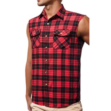 Imagem de Panegy Camisetas masculinas xadrez, sem mangas, gola de lapela, casual, camisetas de botão com borda crua, Vermelho estreito preto, M