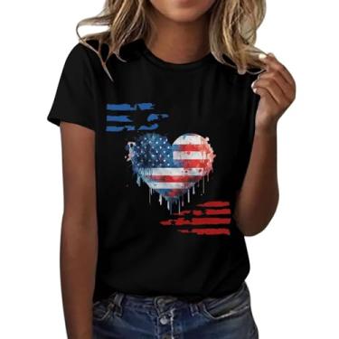 Imagem de Camisetas Patrióticas Femininas Manga Curta Bandeira Americana Estrelas Listras Camisetas Estampa Coração Gola Redonda Memorial Day Verão, Preto, P