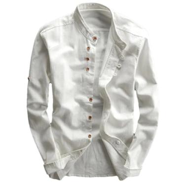 Imagem de Camisa masculina de linho algodão estilo japonês, gola alta, manga comprida, caimento justo, cor sólida, casual, respirável, Branco, PP