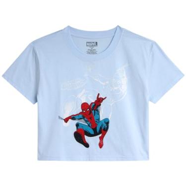 Imagem de Marvel Camiseta feminina do Homem-Aranha - Camiseta estampada para bebê - Camiseta casual de gola redonda fofa de verão de manga curta para mulheres P-GG, Homem-Aranha azul empoeirado, GG