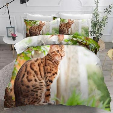 Imagem de Jogo de cama com 3 peças de capa de edredom leopardo gato Califórnia King capa de edredom de microfibra macia texturizada 264 x 248 cm e 2 fronhas, com fecho de zíper e laços