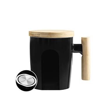 Imagem de Caneca de café de fundo plano com tampa de madeira, copo de cerâmica de 410 ml para aquecedor de café, mantém quente para chá, cacau, leite e bebidas quentes, 400 ml
