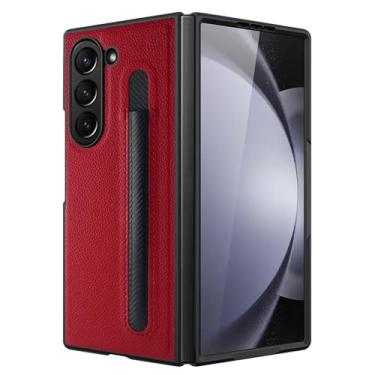 Imagem de POYUFRG Capa ultrafina para Samsung Galaxy Z Fold 6, capa protetora de couro macio antiderrapante com suporte S-Pen padrão lichia, capa de telefone vermelha