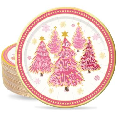 Imagem de AnyDesign 40 peças de pratos de Natal de 23 cm, placas de papel descartáveis de feliz Natal, folha de ouro, rosa, árvore de Natal, pratos de festa para decoração de artigos de mesa