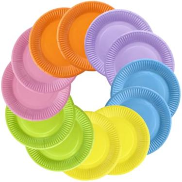 Imagem de Thenshop 300 peças de pratos de jantar de papel coloridos, pratos descartáveis de festa, pratos de papel, 18 cm, redondo, faça você mesmo, prato de papel colorido para sobremesa, bolos e artigos de