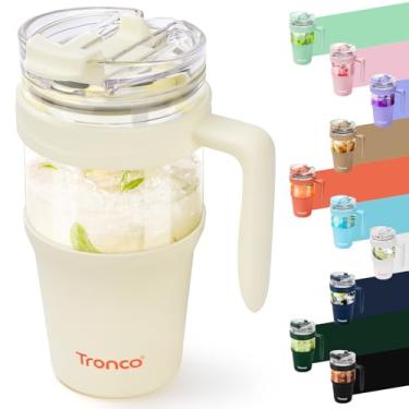 Imagem de Copo de vidro Tronco 950 ml com canudo articulado e tampa, tampa, 2 em 1, à prova de vazamentos, garrafas de água, com alça, cabe no porta-copos, sem BPA, próprio para lava-louças (creme)