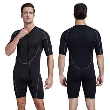 Imagem de Seaskin Roupa de mergulho masculina curta de 3 mm, roupa de mergulho de corpo inteiro com zíper frontal para mergulho, snorkeling, surfe, natação, grande
