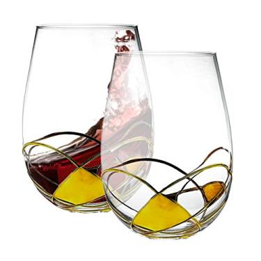 Imagem de Bezrat – Conjunto de duas taças de vinho sem haste | Pintadas à mão – taças de vinho tinto e branco – Cristal sem chumbo | Presente essencial para vinho | 510 g (dourado)