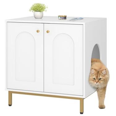 Imagem de Hzuaneri Caixa de areia para gatos, armário de móveis de caixa de areia oculta, casa de gato interna de madeira, mesa lateral, sala de estar, quarto, branco e dourado CB81203G