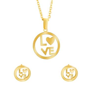 Imagem de Bodha Conjunto de colar com medalhão de aço inoxidável banhado a ouro para mulheres com brincos combinando (SJN_241_G), Aço inoxidável, Sem Pedra Preciosa