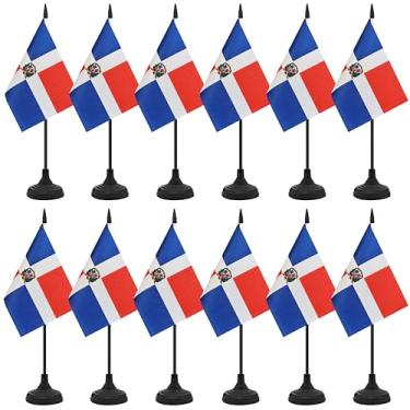 Imagem de Conjunto de 12 bandeiras de mesa Dominica, bandeira de escritório de mesa dominicana, pequena bandeira de mesa em miniatura com mastro preto e base preta, sala de aula, decoração de mesa de reunião de