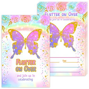 Imagem de Convites de festa infantil floral borboleta aquarela com envelopes - "Flutter on over for" Convites de borboleta perfeitos para chá de bebê, chá de panela, aniversário e suprimentos de festa de