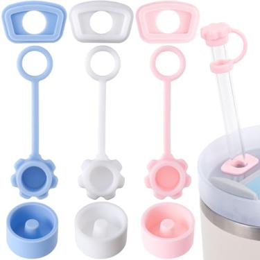 Imagem de HINZIC 3 conjuntos de tampas de derramamento para Stanley Quencher H2.0 de 1,134 g, tampa de canudo rosa azul branco 10 mm, tampa quadrada de silicone à prova de vazamento e tampa redonda tampão de