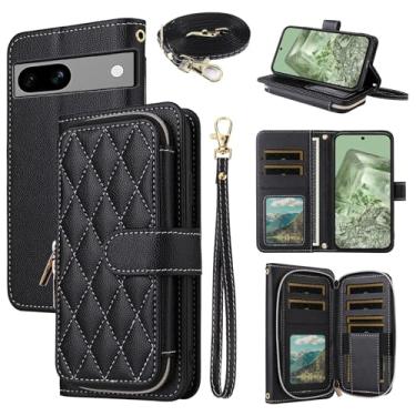 Imagem de Dswteny Argyle Capa carteira para Google Pixel 6A 5G 2022 com alça de ombro, zíper couro PU flip suporte para cartão de crédito acessórios capa de celular para Pixel6A A6 mulheres meninas preto