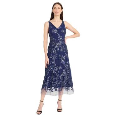 Imagem de Maggy London Vestido feminino de lantejoulas floral decote V comprimento chá formal evasê midi casamento convidada, Azul-marinho/Caribe, 36