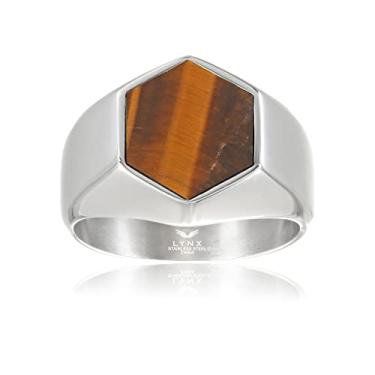 Imagem de Metro Jewelry Anel hexagonal de olho de tigre ou ônix preto para homens em aço inoxidável - 16 mm de largura - Tamanho 10, Metal pedra preciosa, Olho de tigre hexagonal marrom
