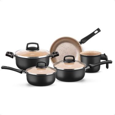 Imagem de Jogo de Panelas Safira 5 Peças de Alumínio Antiaderente Preto/Bege MTA