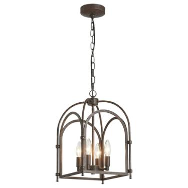 Imagem de ANJIADENGSHI Lustres De 4 Luzes, Lustre De Fazenda Para Luminárias De Sala De Jantar, Luminárias Pendentes De Cozinha De Metal Com Lanterna, Lustre De Gaiola Rústica Para Quarto, Sala De Estar, Ilha