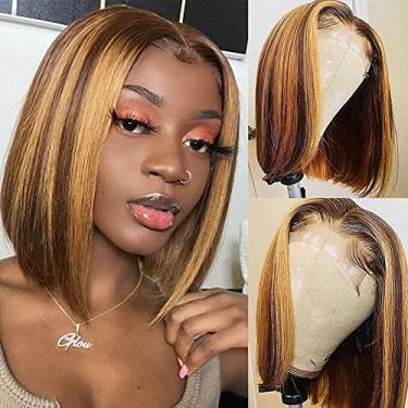 Imagem de Peruca curta BOB cabelo humano não processado cabelo virgem parte T 13x5 perucas frontais entrelaçadas pré-colhido cabelo brasileiro natural preto humano peruca com cabelo de bebê 13x5x2 perucas frontais entrelaçadas para mulheres negras (parte direita, 30 cm)