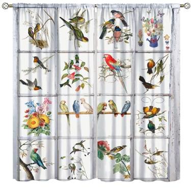 Imagem de Yoakiet Cortinas de pássaros rústicas, retrô de madeira, pássaros coloridos, florais, rústicas, estampa boho, blackout, tratamentos de janela, cortinas para quarto, sala de estar, conjunto de 2