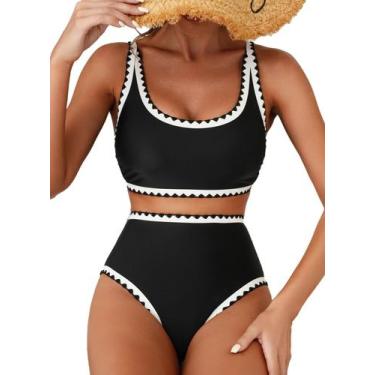 Imagem de Conjunto de biquíni feminino Herseas, preto, ponto concha, cintura alt