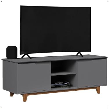 Imagem de Rack Bancada Flow Tv 55 Polegadas Pés Madeira 2 Portas Prateleira Decoração Retrô Sala Cinza - Lojas rpm