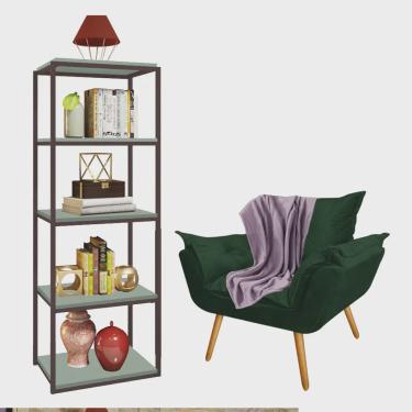 Imagem de Kit Poltrona Fatte com Manta Soft Lilás e Estante Livreiro Ferro Marrom mdf Verde Oliva Suede Verde Musgo - Ahz Móveis