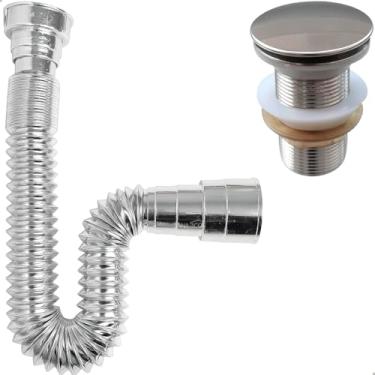 Imagem de Dona D Cor, Kit Valvula Click Sifao Sanfonado Cromado Universal Flexível Banheiro Ralo De Pia Inox 1 1/4 Lavatorio Tubo Flexivel Ajustável Escoamento Cuba Lavabo