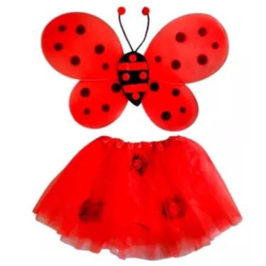 Imagem de Fantasia Infantil Joaninha, Conjunto com Saia Tutu Vermelha e Asas com Bolinhas